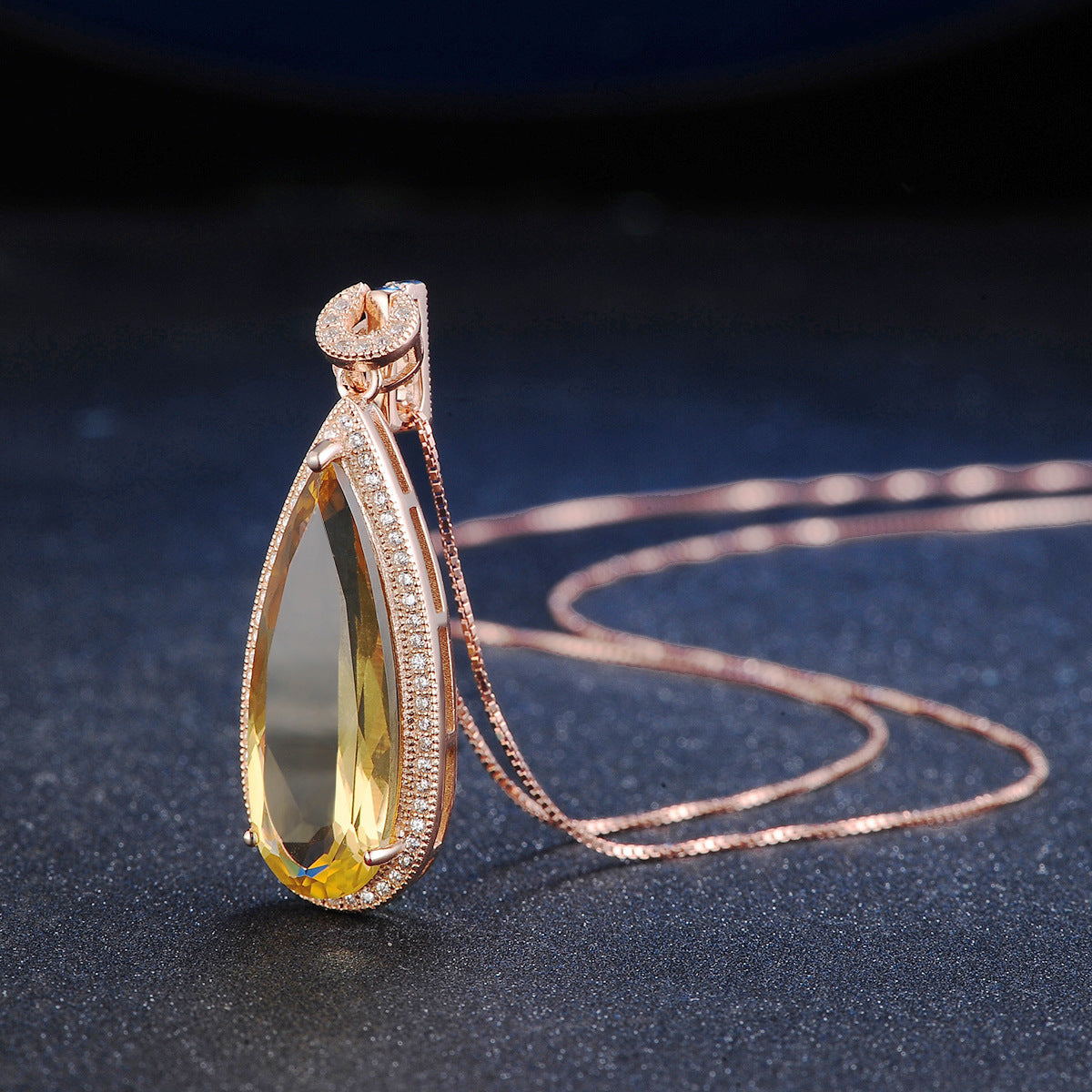 Rosé Radiance Citrine Charm Set necklace detail by ELARÉ – rose gold plating and citrine stone